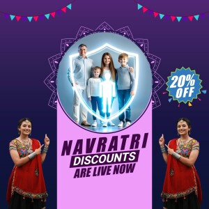 Image depicting a family protected by a shield with Navratri discounts promotion.
