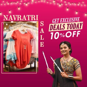 Navratri sale advertisement with a woman holding dandiya sticks and clothing on display.