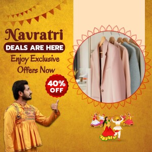 Navratri sale advertisement featuring clothing and festive decorations.
