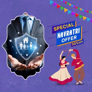 Image depicting a Navratri offer for insurance with a businessman holding a shield and dancers in the background.
