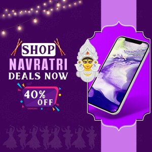 Navratri sale advertisement featuring a mobile phone with a Goddess Durga image on the screen.