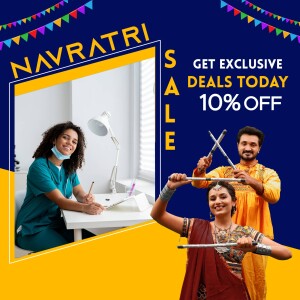 Navratri Sale advertisement featuring people celebrating and a discount offer.