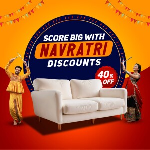 Navratri sale advertisement featuring a sofa and people dancing with dandiya sticks.