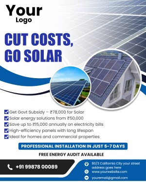 Solar panel advertisement promoting cost savings and government subsidies.