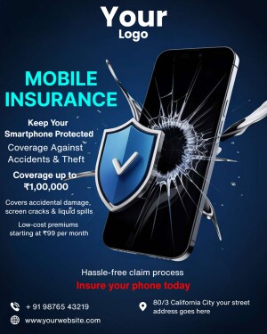 Advertisement for mobile insurance with a cracked phone screen and a shield.