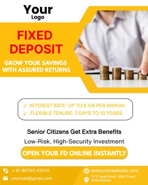Fixed Deposit advertisement with a person signing documents and stacks of coins.
