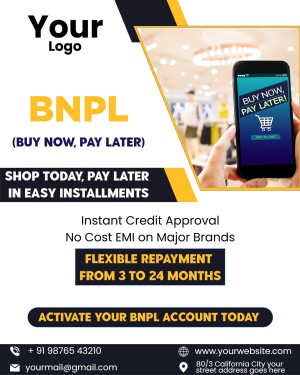 Advertisement for Buy Now Pay Later service with a smartphone displaying the offer.