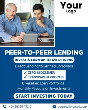 Image depicting two men reviewing information on a tablet, promoting peer-to-peer lending with potential returns.