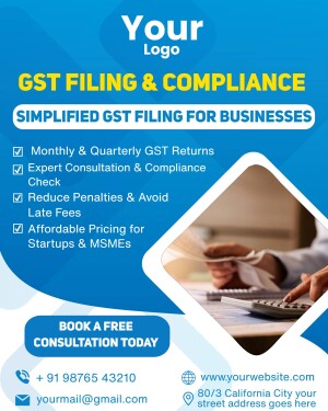 Flyer advertising GST filing and compliance services for businesses.