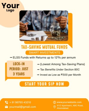 Image promoting tax-saving mutual funds with ELSS options and returns up to 12% per annum.