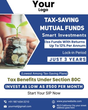 Tax Saving Mutual Funds advertisement with coins in a jar and a plant