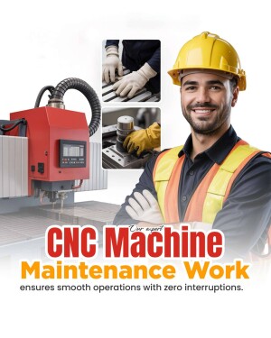 A man wearing safety gear inspecting a CNC machine.