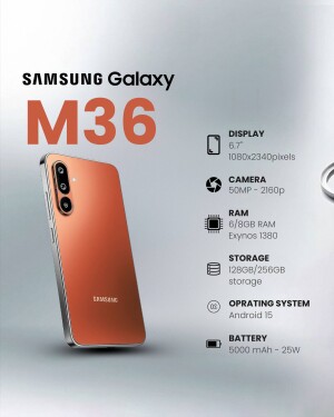 Image of a Samsung Galaxy M36 smartphone in orange color with specifications.