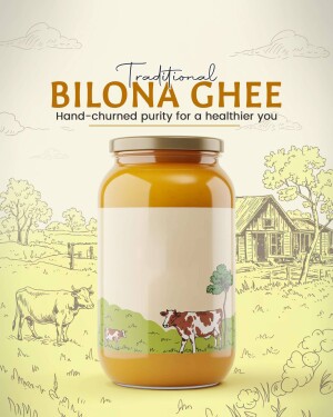 Jar of traditional Bilona Ghee with a rural farm background