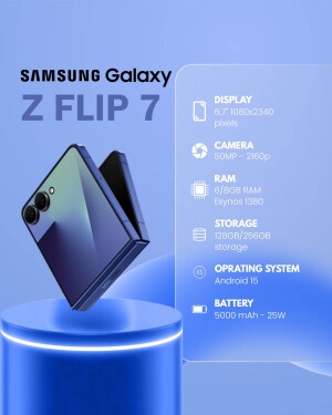 Samsung Galaxy Z Flip 7 smartphone with key specifications displayed