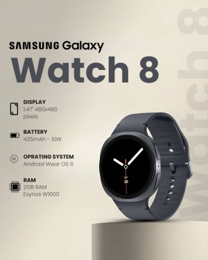 Close-up of the Samsung Galaxy Watch 8 in graphite color, displaying its specifications.