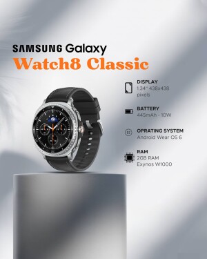Close-up of the Samsung Galaxy Watch8 Classic on a pedestal, displaying its features.