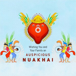 Nuakhai festival greeting card with traditional Sambalpuri art and dancers.