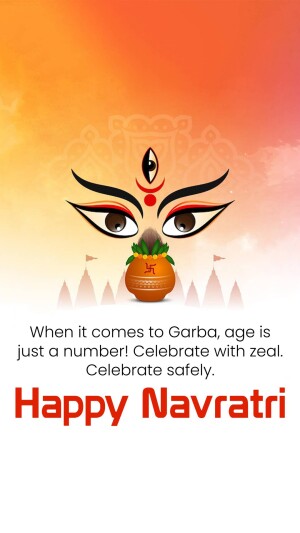 Image of Durga Maa's eyes and a pot with Navratri greeting