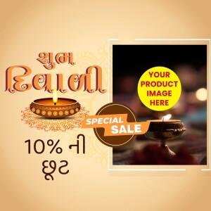 Woman wearing a yellow kurti with Diwali decorations and sale promotion