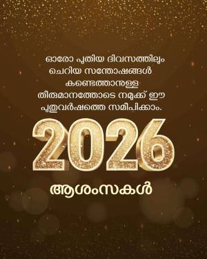 Golden 2025 New Year greeting with Malayalam text and bokeh effect