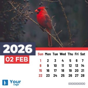 Calendar for February 2025 featuring a vibrant red cardinal perched on a branch.