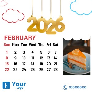 February 2025 calendar with a slice of cake and a blue 2025 graphic