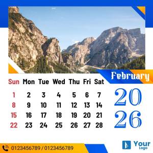 Calendar featuring a mountain landscape for February 2025