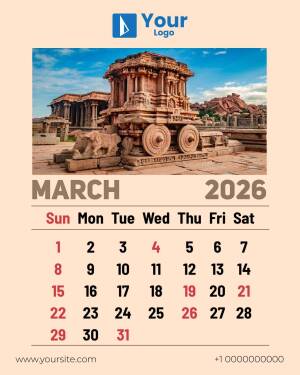 Calendar featuring the iconic stone chariot at Hampi, India for March 2025