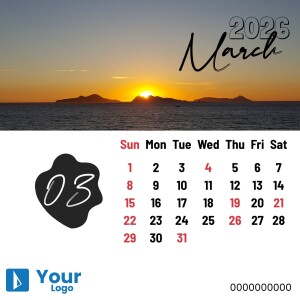 Calendar for March 2025 with a scenic sunset over the ocean