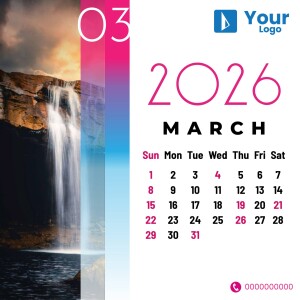 Calendar for March 2025 featuring a scenic waterfall background