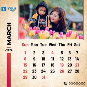 Calendar featuring a mother and child among tulips, with the month of March 2025 displayed.
