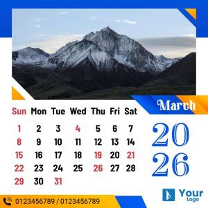 Calendar for March 2025 featuring a snow-capped mountain landscape
