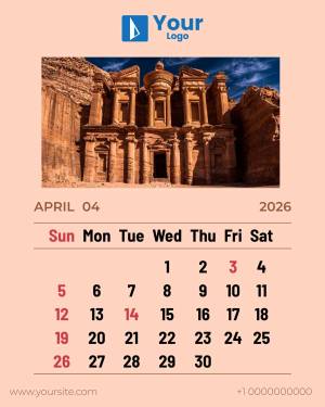 Calendar featuring the Treasury at Petra, Jordan for April 2025