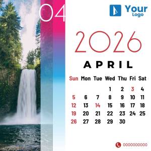 Calendar for April 2025 featuring a scenic waterfall background