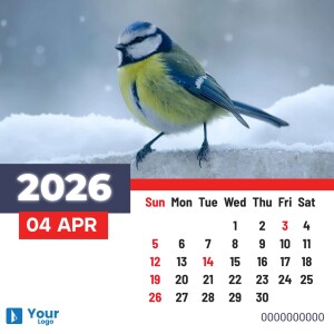 Calendar for April 2025 featuring a Blue Tit bird perched on a branch