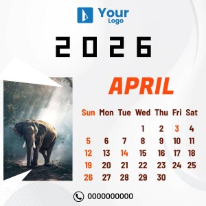 2025 April calendar featuring a majestic elephant in a forest setting.