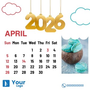 April 2025 calendar featuring a coconut with macarons and decorative clouds.