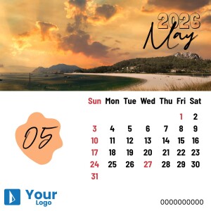 May 2025 calendar with a landscape background of mountains and water