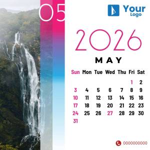 Calendar for May 2025 featuring a scenic waterfall image