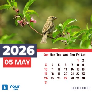 Calendar for May 2025 featuring a sparrow on a branch