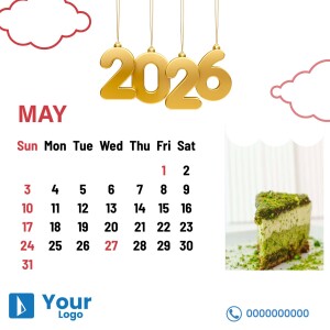 May 2025 calendar featuring a slice of matcha cake and decorative elements.