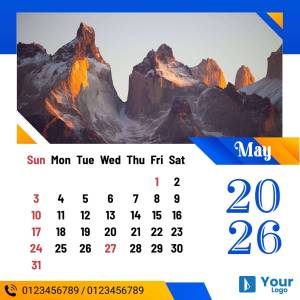 Calendar for May 2025 featuring a scenic mountain view