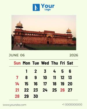 Calendar featuring the Agra Fort in India for June 2025