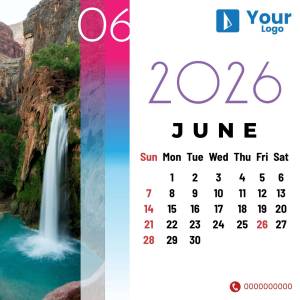 Calendar for June 2025 featuring a scenic waterfall