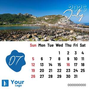 Calendar for July 2025 featuring a scenic coastal view