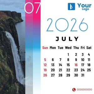 Calendar for July 2025 featuring a scenic waterfall and modern design.
