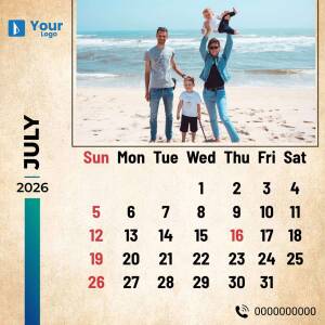 Family photo on a beach with a July 2025 calendar