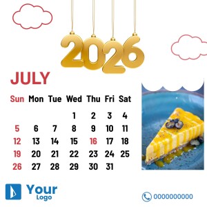 July 2025 calendar featuring a cheesecake image and space for a logo.