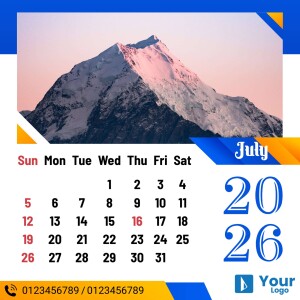 Calendar for July 2025 featuring a scenic mountain landscape